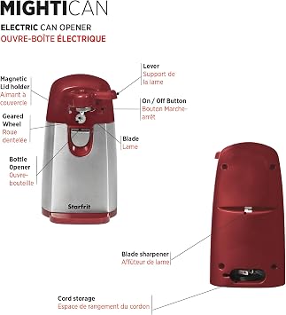 Starfrit Electric Can Opener, Hands-Free, 3-in-1, Comfort Grip, Red