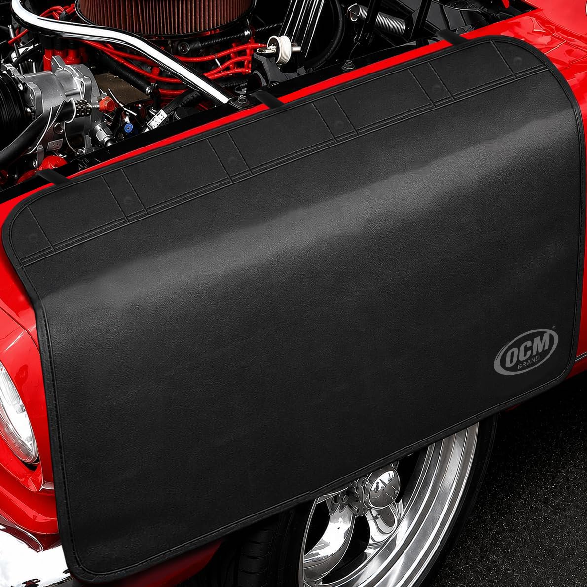 OCM Premium Magnetic Fender Cover - 6 Count Strong Magnets and 3 Count Hook and Loop Straps - Protector Gripper Automotive Mechanic Work Mat with Protective PVC Vinyl
