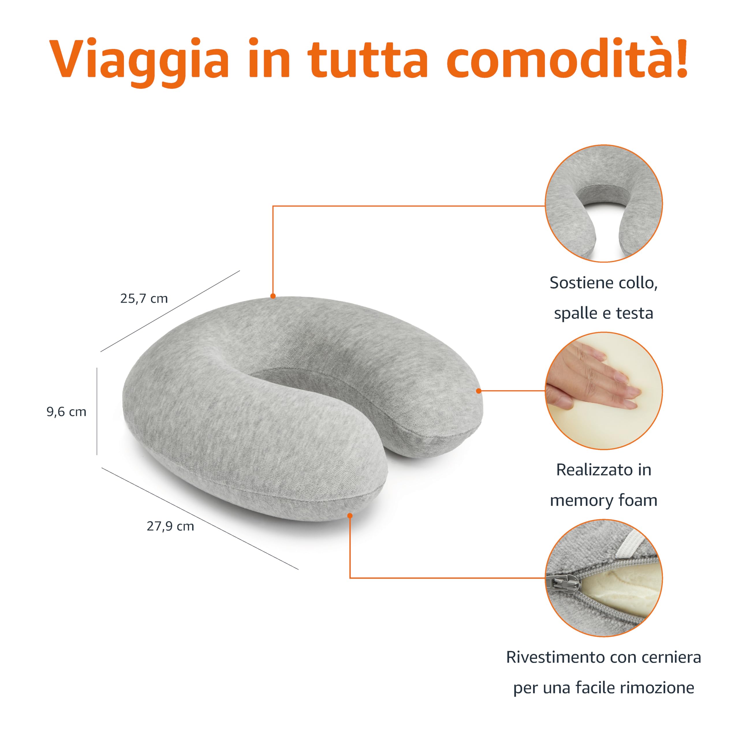 Amazon Basics - Cuscino per il collo, in memory foam, 1 unità, Semicircolare, Grigio