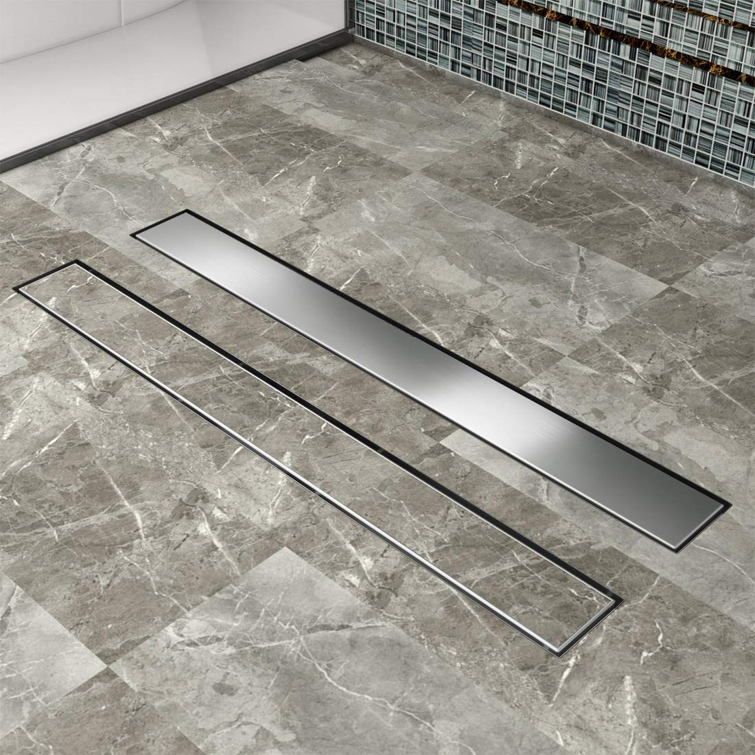 Sunnyshower Dwustronna rynna prysznicowa 140 cm, odpływ podłogowy, płaski, z blokadą zapachów i sitkiem na włosy, odpływ krawędziowy, 2 w 1, ze stali nierdzewnej, kompletny zestaw z mocowaniem do podłogi