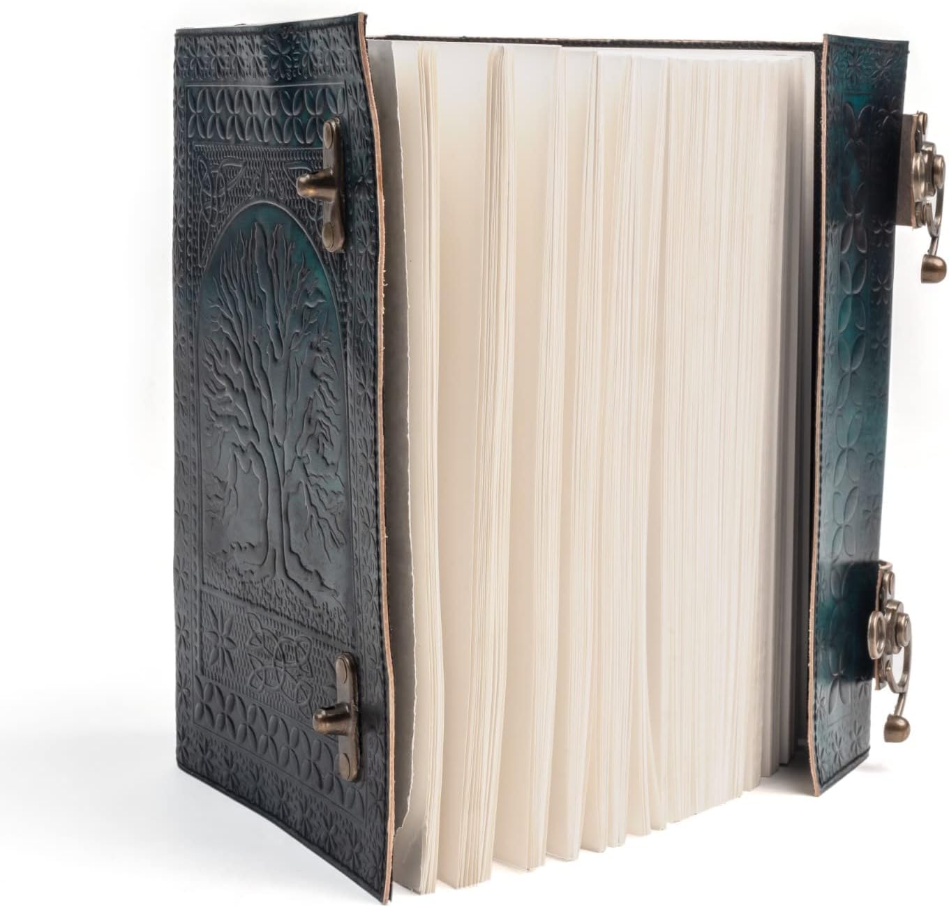 Handgefertigtes großes Leder-Tagebuch, 600 Seiten, geprägt, Baum des Lebens, Buch der Schatten, Notizbuch, 7 Chakra, Grimoire, Skizzenbuch, 17,8 x 25,4 cm, Lederbindung (grün)