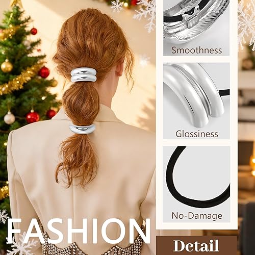 Miniatura 2 de 3 ligas plateadas para el cabello, ligas metálicas para cabello grueso, diseño geométrico elegante y duradero, accesorios plateados para el cabello