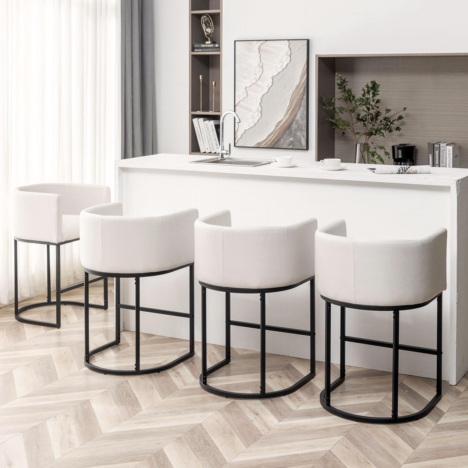 25" Counter Height Bar Stools Set of 4, Modern Barrel Barstools with Back, Metal Frames, Upholstered Bar Stools for Kitchen Island, Pub, Club (Beige)