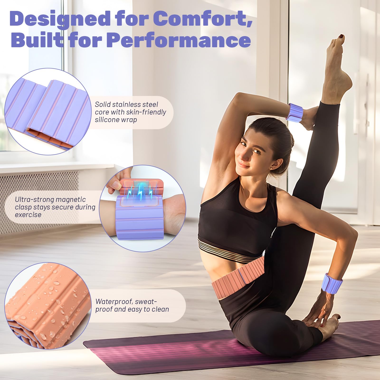 Magnetic Ankle Weights for Women & Men, Adjustable Silicone Wrist Weights Bracelet Set, Stackable Wrist and Ankle Weights 1 Pair 2 Lbs, Weighted Bangles Wearable for Home Gym Workout, Jogging, Yoga & Walking: Pink and Purple 1 lb x 2