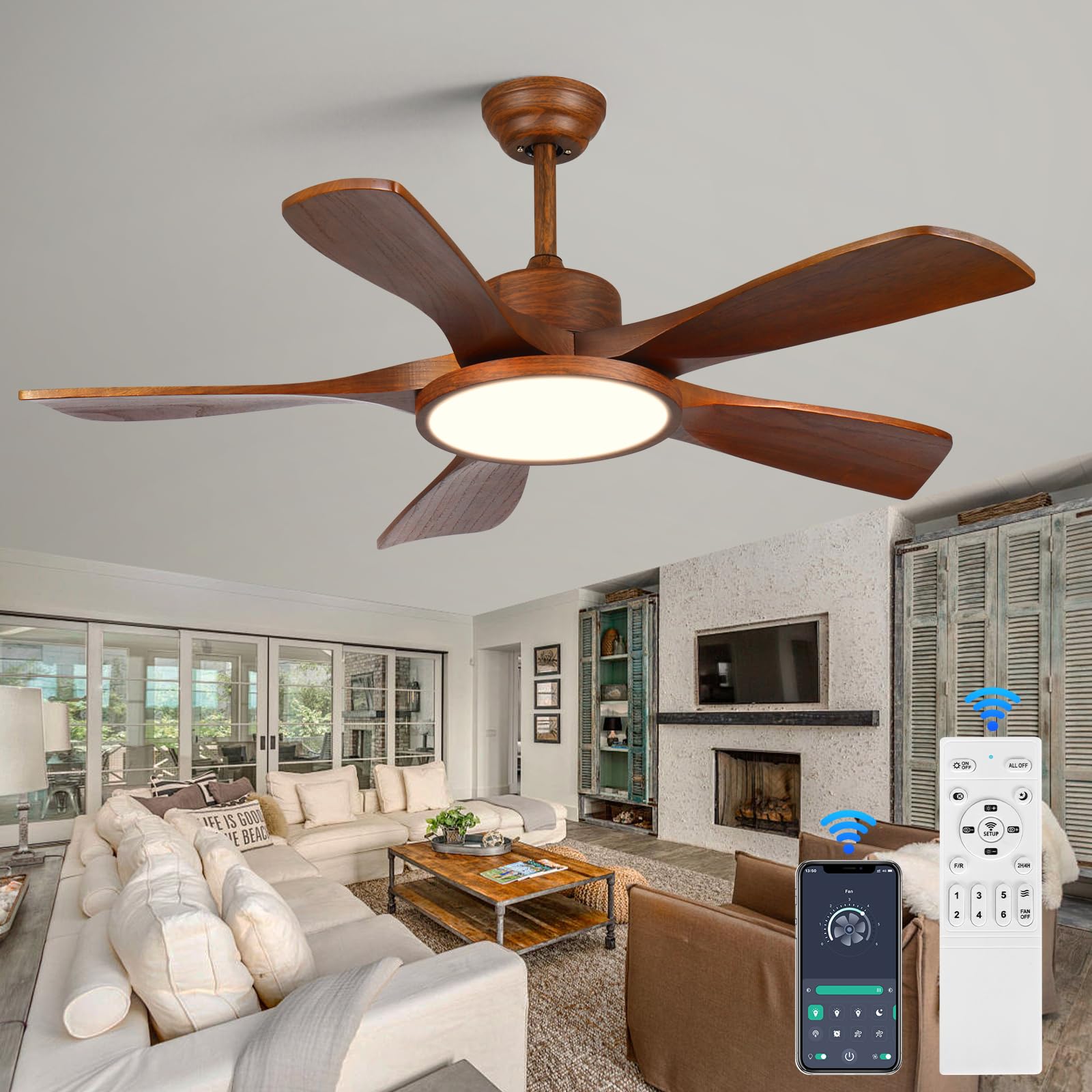 Wood Ceiling Fan with Lights and Remote Control 5 Solid Wooden Blades 42 Inch Modern Farmhouse Outdoor Ceiling Fan Light for Patios Living Room FCC Reversible DC Motor