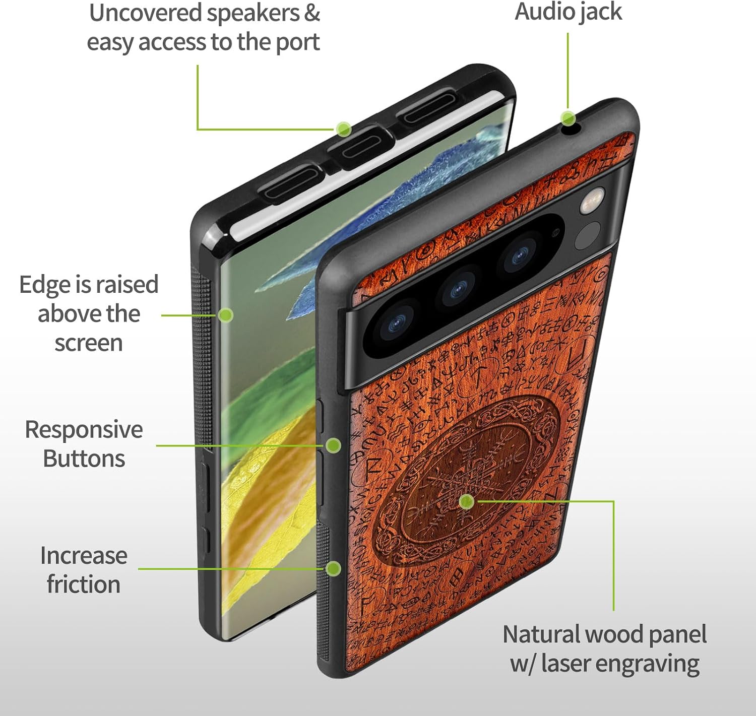 Carveit Wood Case for Pixel 8 Pro Case [Natural Wood & Black Soft TPU] Shockproof Protective Unique Wooden Cover Compatible with Google Pixel 8 Pro (Viking Symbol-Rosy)