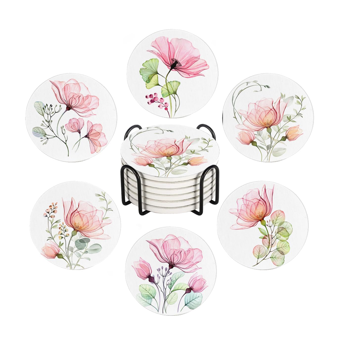 Drink Coasters for Drinks Set of 6, Watercolor X-ray Roses and Eucalyptus Absorbent Round Ceramic Stone Mat Coaster, with Cork Base and Metal Holder,