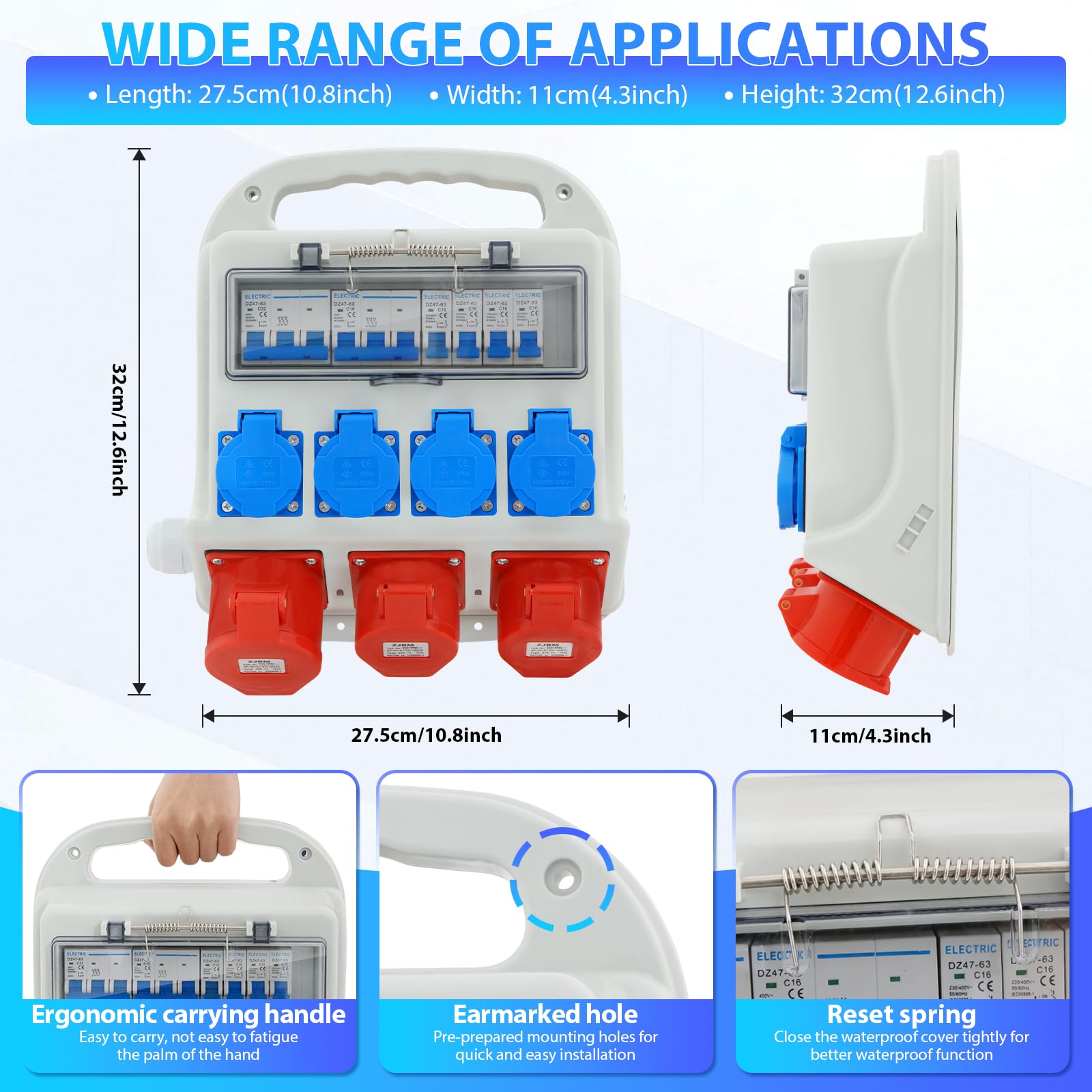 Distribuidor de Corriente para la Construcción 32 A 4 x 230 V + 2 x 16 A 400 V CEE + 1 x 32 A 400 V CEE, Protección Integral IP54, Distribuidor de pared con Tapa Abatible de Seguridad y Cable
