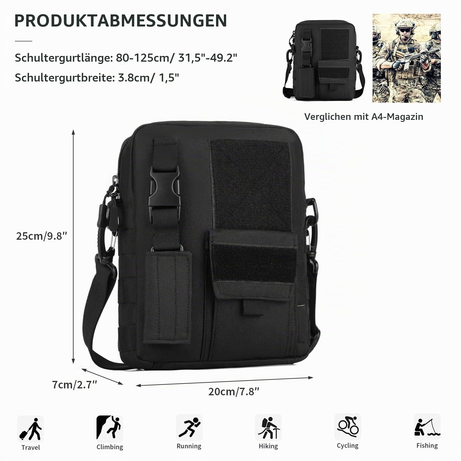 HUNTVP Militär Umhängetasche Schultertasche Crossbody Bag Messenger Bag | Querformat, Wasserabweisend, Tragetasche, für Herren Damen Arbeit Outdoor Sport Reise Camping