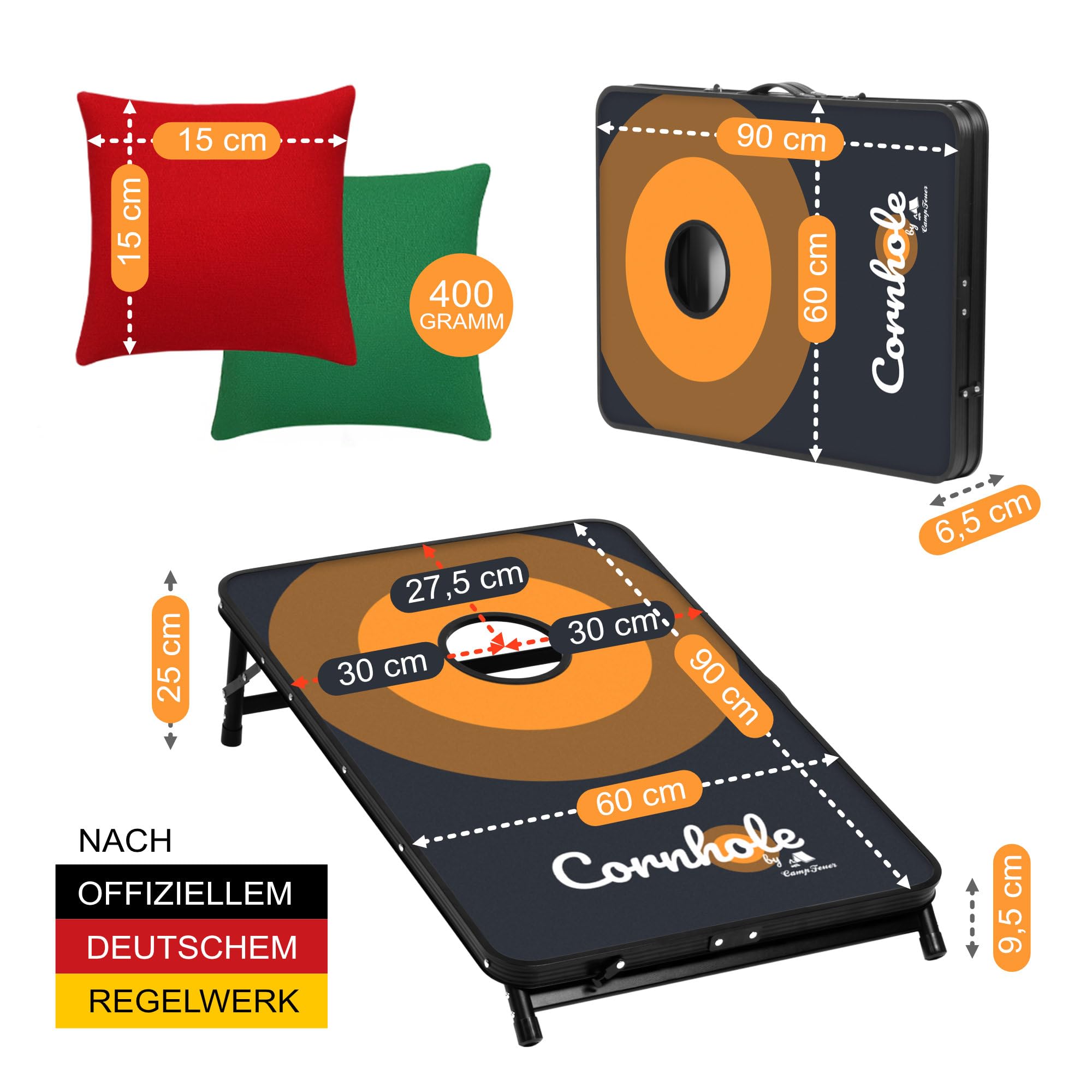 CampFeuer Jeu officiel de Cornhole pour l'extérieur | Jeu de 2 planches, 8 sacs de lancer avec sac de rangement | 90 x 60 cm | Jeu de trou borgne, jeu de lancer, Bean Bag Game, jeu de jardin, jeu de