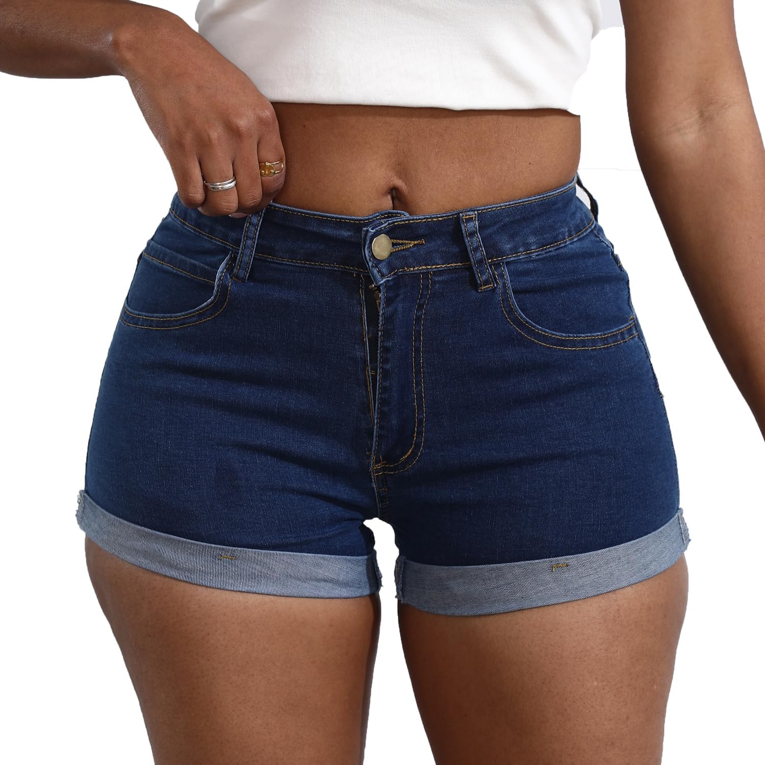 Women's Casual Stretchy Denim Shorts High Waisted Folded Hem Jeans Shorts