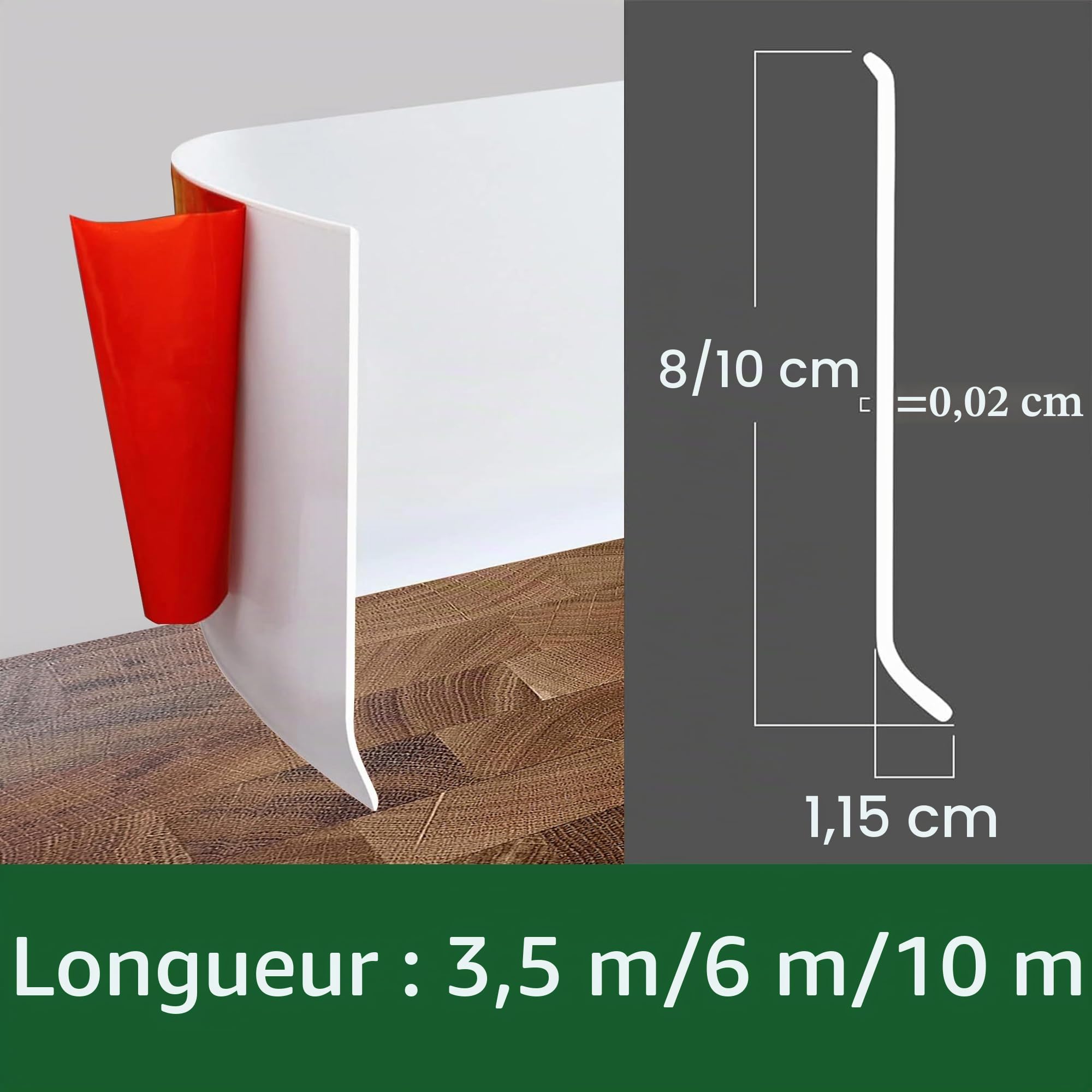 Plinthe Souple Autoadhésive PVC 3.5/6/10 mètre, Plinthe Adhesive 2 mm d'épaisseur, Plinthe Corniere Bande Décorative pour Cuisine et salle de bain (Blanc, 8cm x 10Mètres)