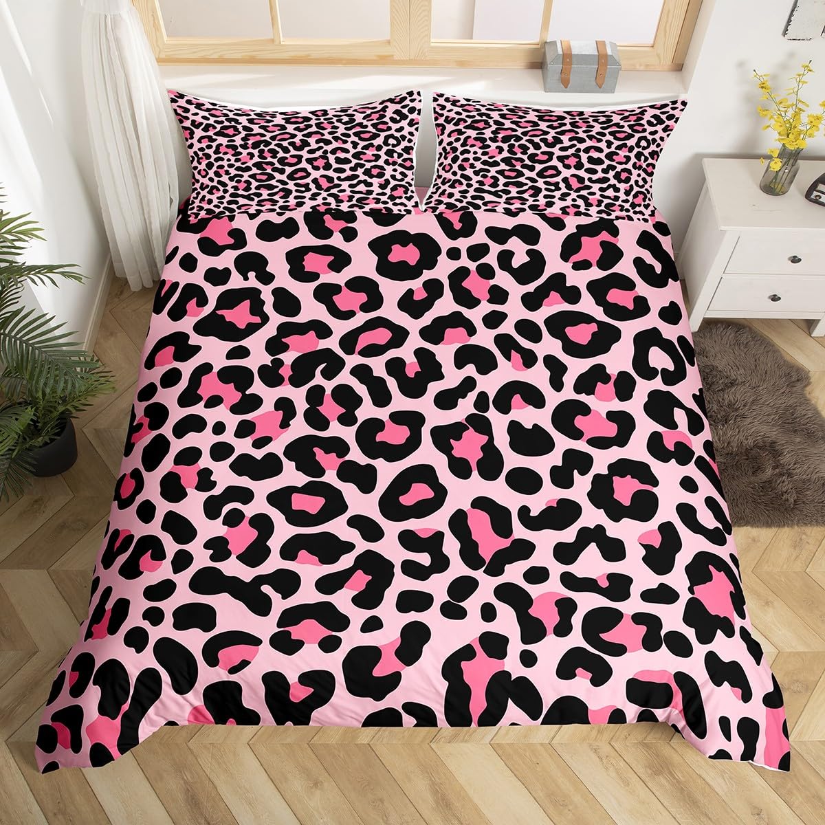 Homewish Classic Leopard Print Bedding Girls Pink Reversible Single Duvet Cover Set - Cheetah Animal Print Quilt Cover for Kids Women - Stylish Modern Leopard Camouflage Bed Set Microfiber