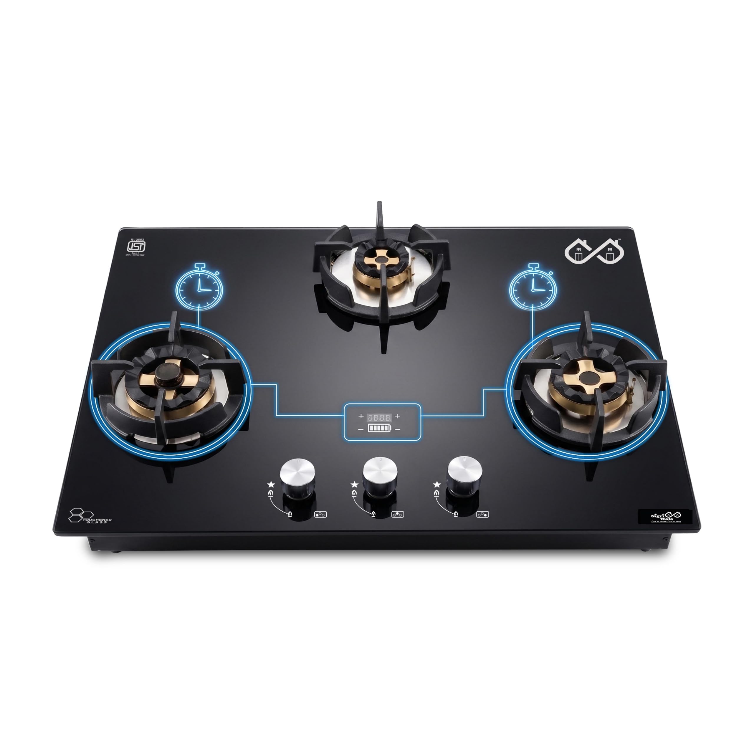 Sigri-wala 3 Burner Atmos Built in Hob Gas Stove with Smart Timer | 8mm Toughened Glass | Full Brass Burners | Auto Ignition | Flame Failure Safety Device | Cast Iron Pan Support | Black-image-22