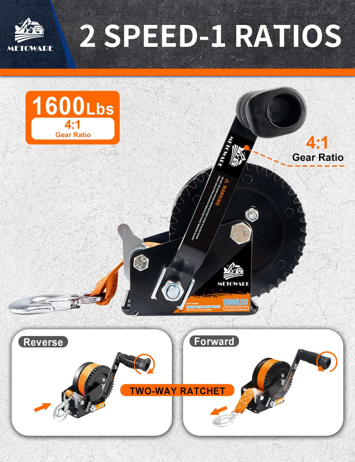 METOWARE 1600LBs Boat Trailer Winch with 26 Ft(8M) Polyester Strap, Hand Winch Heavy Duty Hook 2-Way Ratchet 4:1 Gear, Portable Hand Crank Winch for Boat, Trucks, ATV, Trailer, Jet Ski