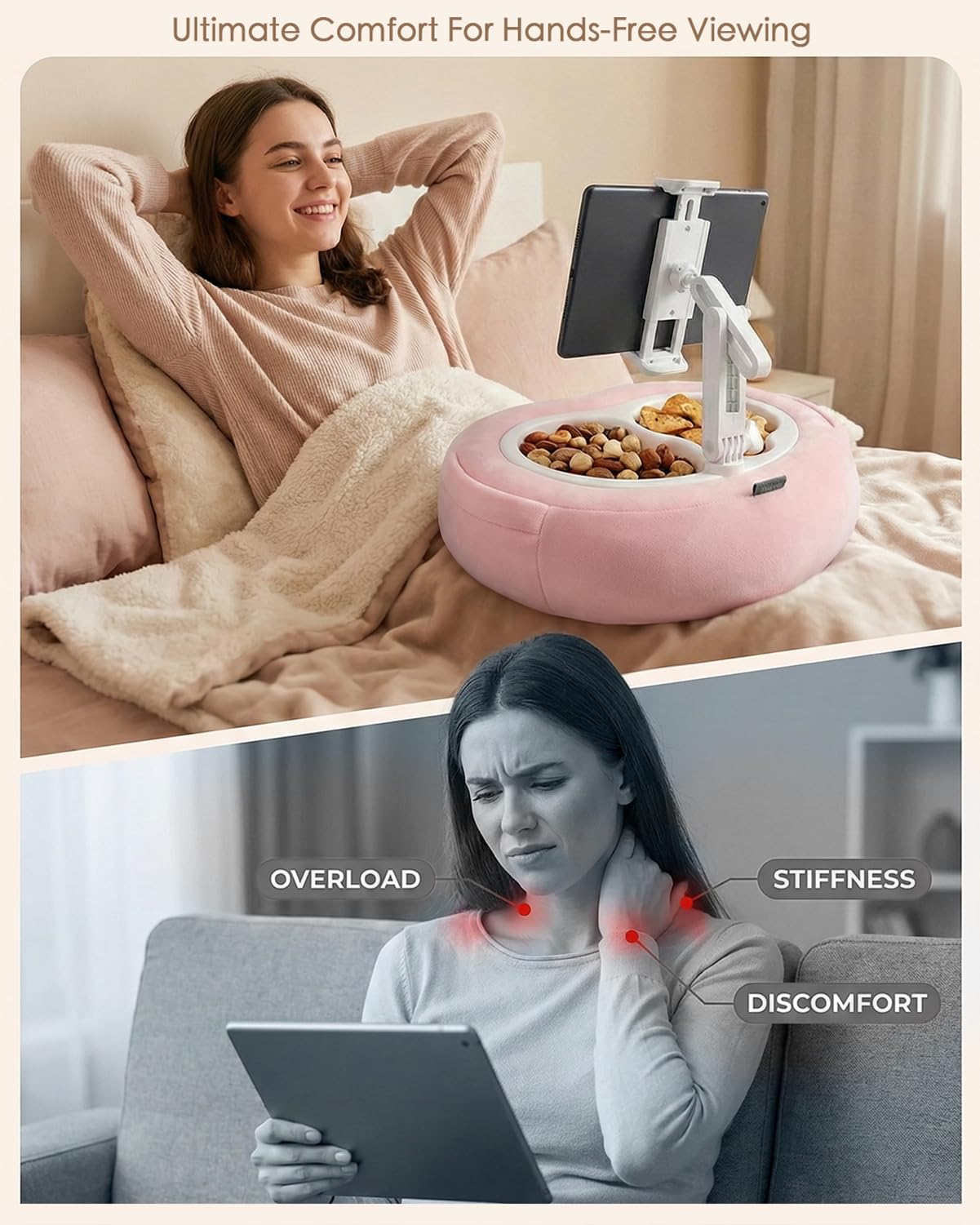 Almohada de soporte para tableta, compatible con teléfono/tableta de 5 a 12.9 pulgadas, iPad, iPhone, Kindle, soporte ajustable para tableta para cama, con cuenco desmontable de grado alimenticio y
