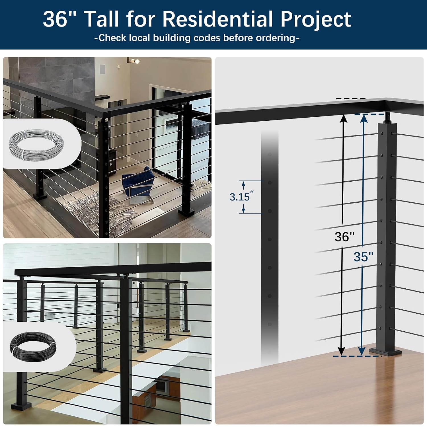 36" T-drilled Cable Railing Corner Post, 90 Degree Three Sides One-Post Corner Solution, Adjustable Top Heavy-Duty Stainless Steel T304 Corner Handrail Deck Post System for Indoor Balcony