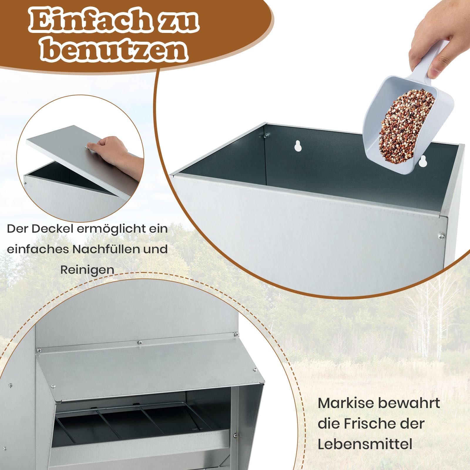 GYMAX Comedero para Pollos Galvanizado, Alimentador de Aves de Corral con Capacidad de 22 KG, Tapa, Marquesina, Dispensador de Alimentos, Comedero Semicerrado Montado en Pared para Pollos, Patos
