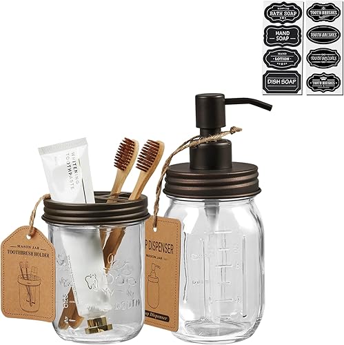Miniatura 8 de Juego de accesorios de baño Mason Jar - Incluye dispensador de jabón de manos espumoso y soporte para cepillos de dientes, tarros de boticario de
