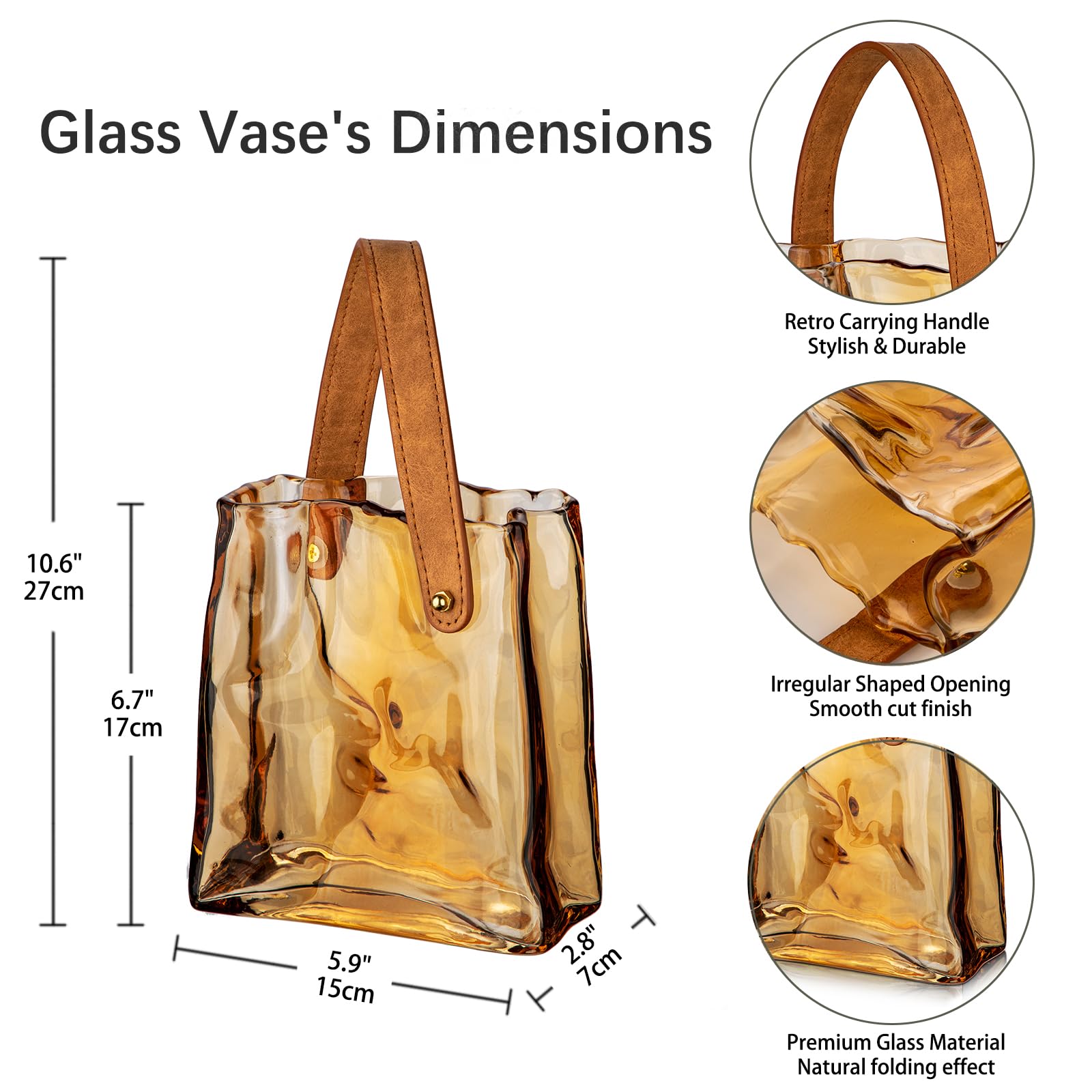 Hollyone 17cm Thickened Glass Vase for Flowers Amber Flower Vase for Room Decor Aesthetic Unique Vases with Handle for Wedding Living Room - Image 2