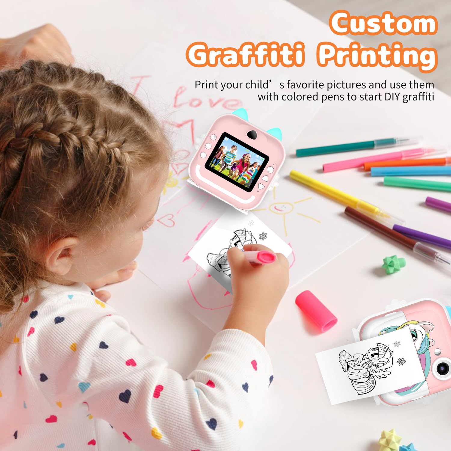 Kinderkamera Sofortbildkamera, 2,4" Display Digitalkamera & Videokamera für Kinder mit 3 Rollen Thermopapier & 32G Karte, Geschenke für Jungen und Mädchen 6+ Jahre