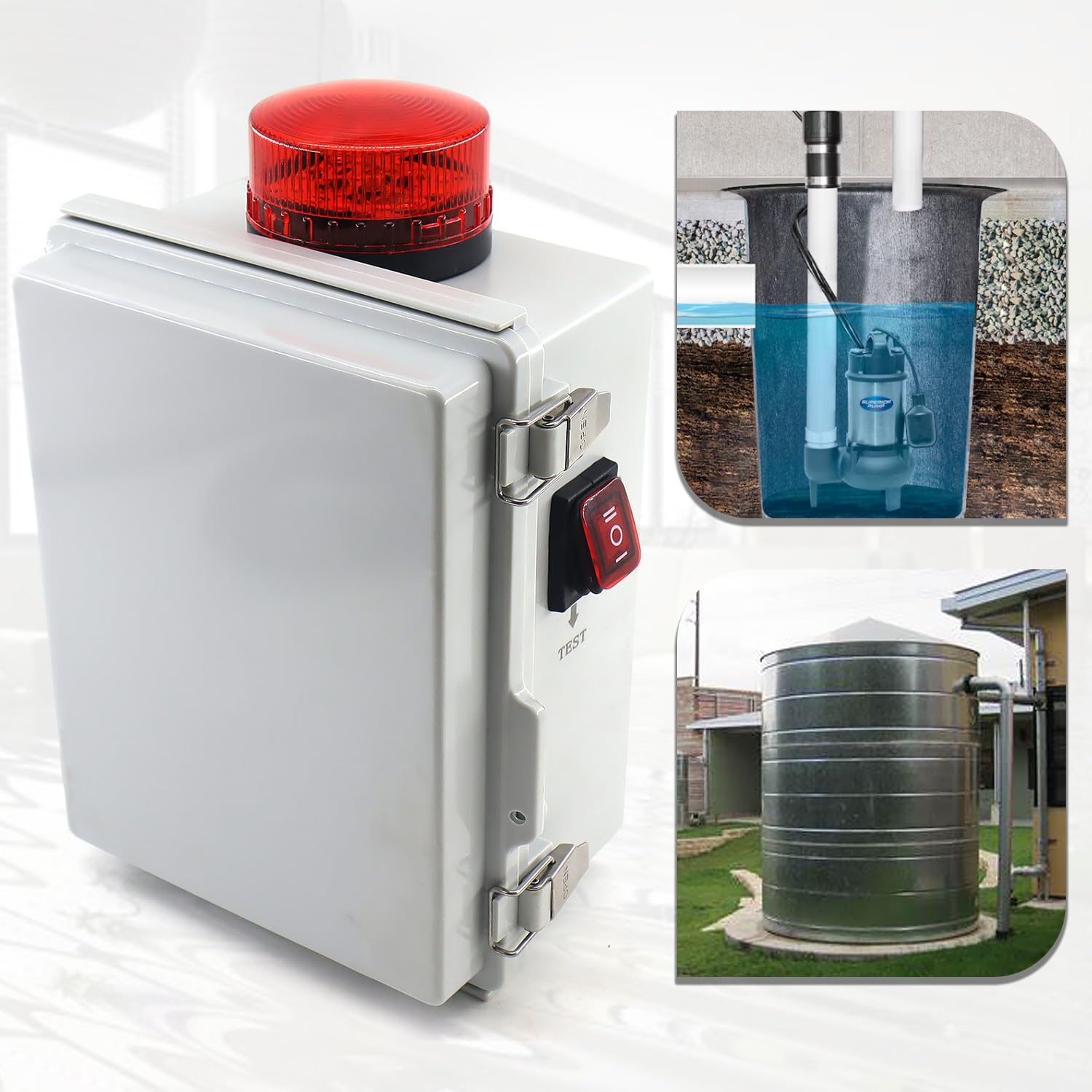 Alarma de bomba de sumidero, alarma de agua alta para bomba de sumidero séptico, tanque de agua de estanque, cuenta con una luz intermitente brillante y alarma de 110 db, se puede conectar