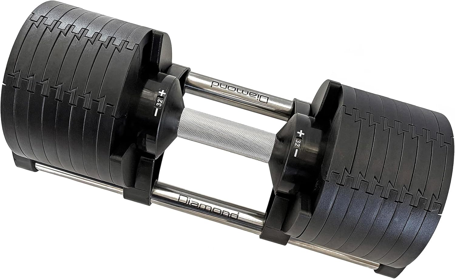 Diamond - Mancuernas seleccionables de 2 – 20/32/43 kg + Bastidor: Dumbbell ajustables con abrazadera rápida, pesas de gimnasio, casa & Pro, mango Ø35 mm, paso de 2 – 2,5 kg, soporte para ahorrar