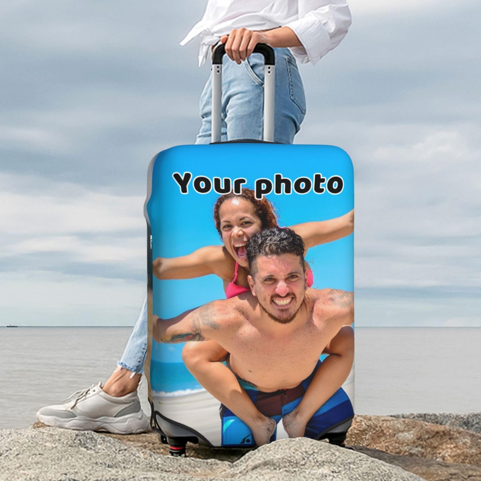 RoPox Personalized Suitcase Cover, Custom Luggage Covers for Suitcase, Personalized Elastic Suitcase Cover Add your Photo Text Logo, Travel Suitcase Case Protector Elastic Washable Baggage Covers