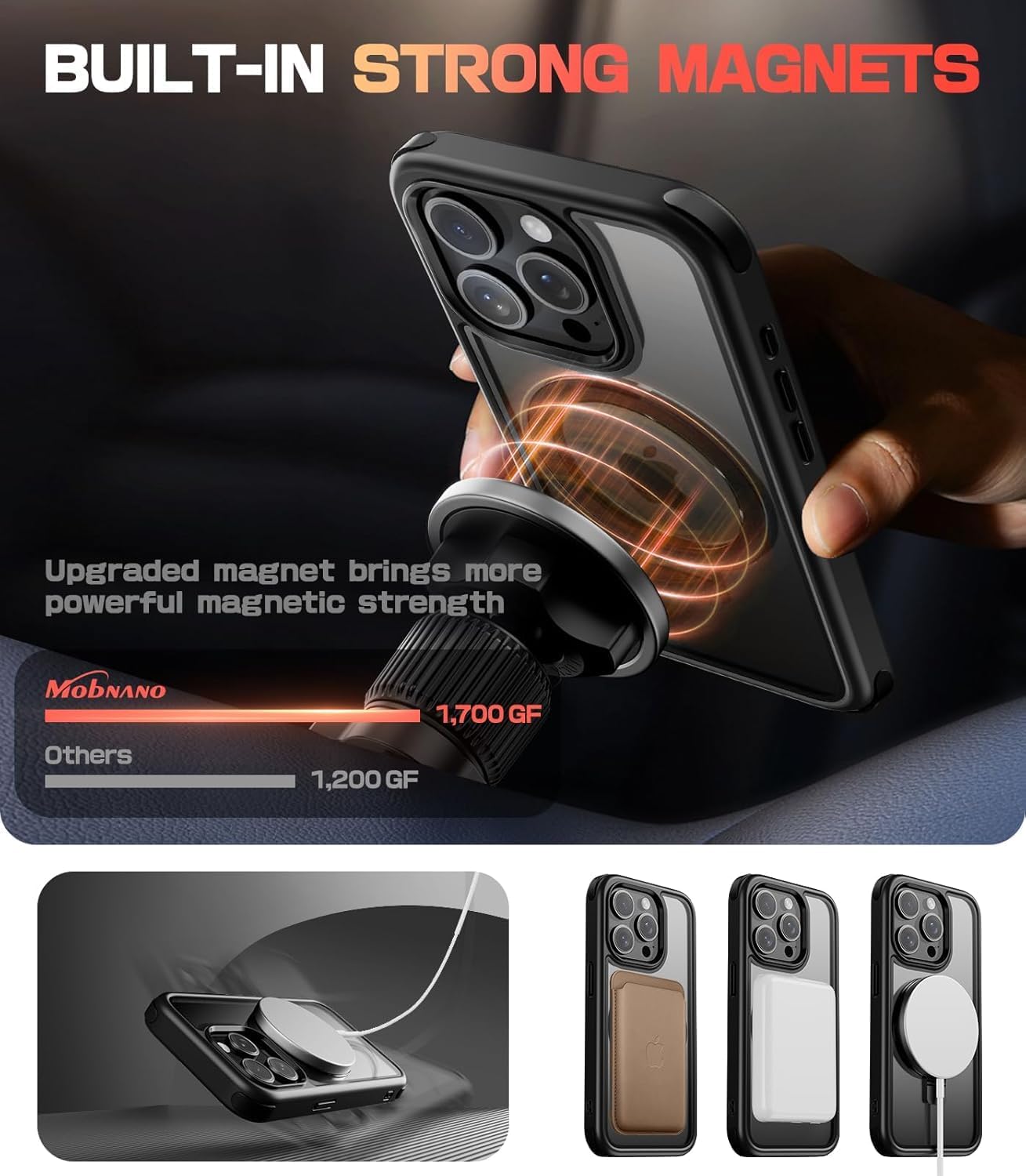 Mobnano for iPhone 15 Pro Max Case with Stand, Compatible with MagSafe, Crystal Clear Back, Military-Grade Protection, Magnetic Ring Holder Protective Bumpers, Non-Yellowing Kickstand Case - Black