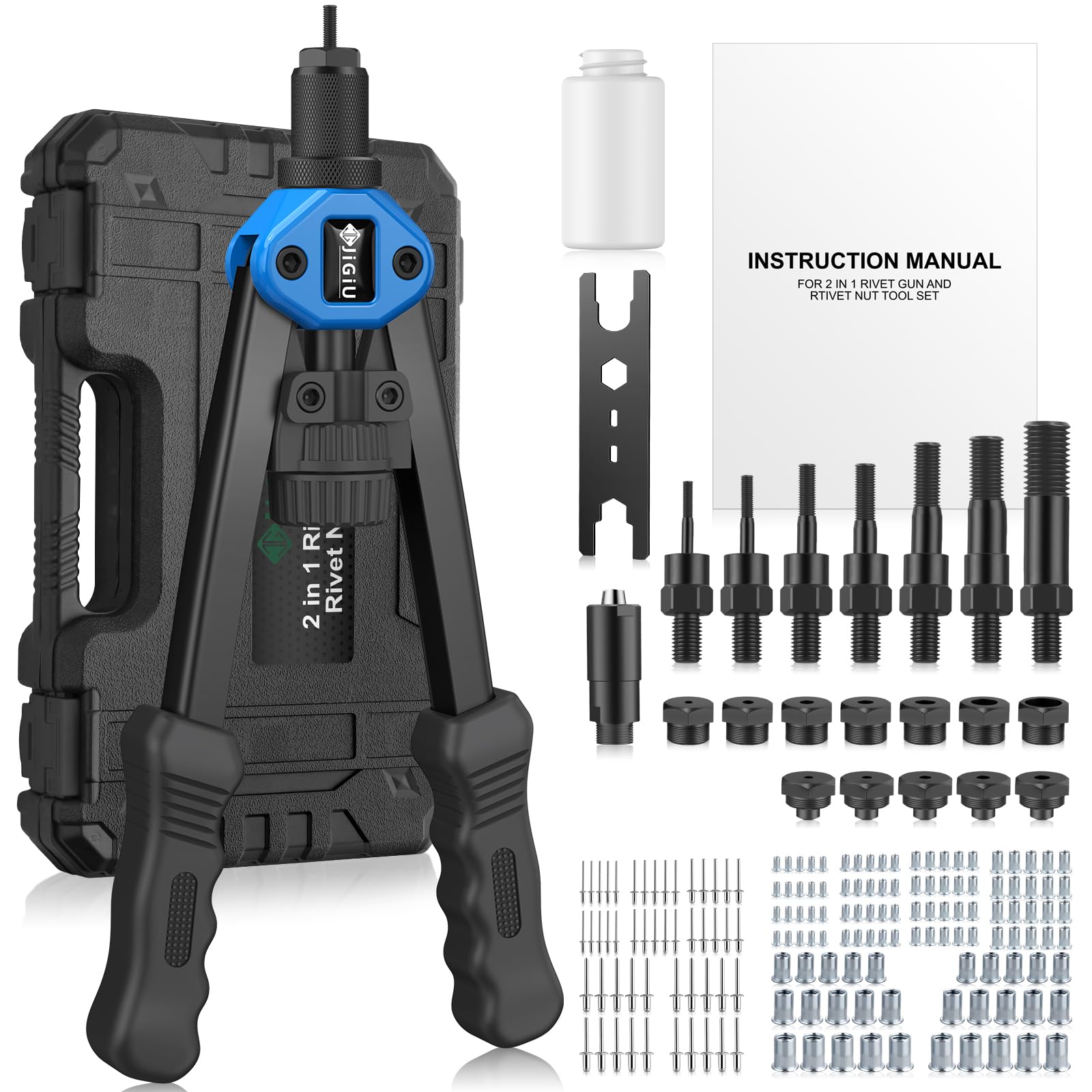 JiGiU Rivettatrice Professionale 2 in 1 per Inserti Filettati-7pz Mandrini Metrici 110 Dadi 5 Diverse Misure Doppio Manico di Rivettatrici-50 pz Rivetti per Lavori Edili-Nero Blu