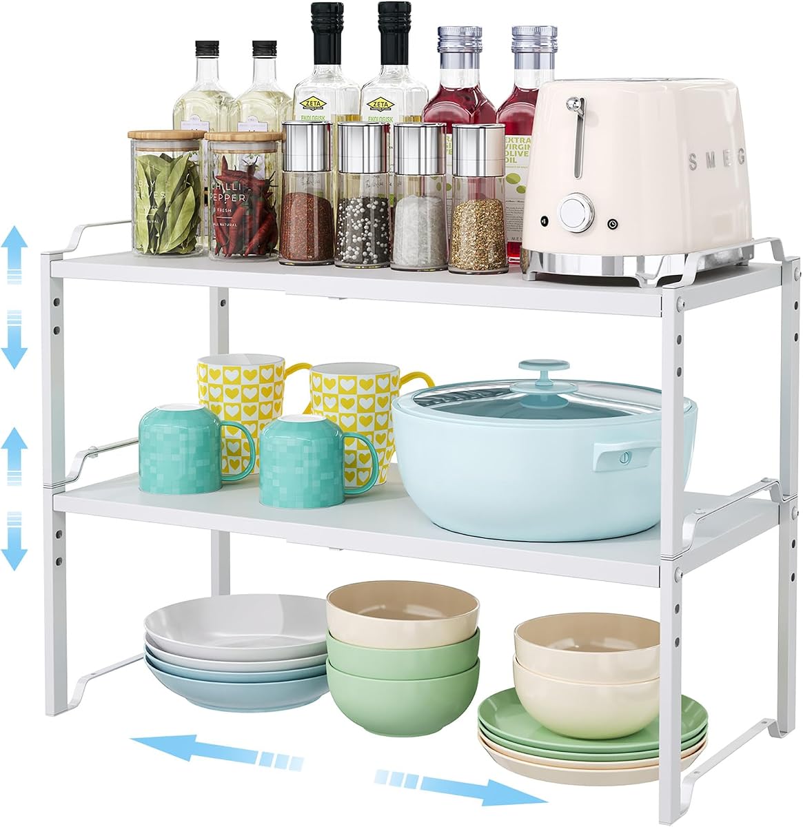 Paquete de 2 estantes organizadores de gabinetes de cocina expandibles de 11"de profundidad, organizadores de encimera de cocina de alta resistencia y estante de almacenamiento, estante de almacenamiento pequeño de metal apilable para la organización de armarios de despensa