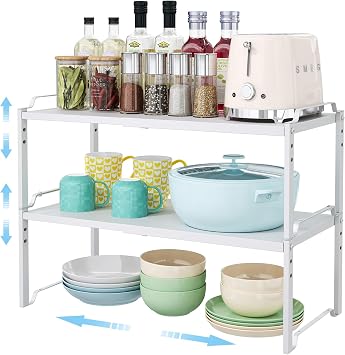 2 Pack 11 Width Expandable Kitchen Cabinet Organizer Shelves, Heavy Duty Kitchen Countertop Organizers and Storage Rack, Stackable Metal Small Storage Shelf For Pantry Counter Cupboard Organization