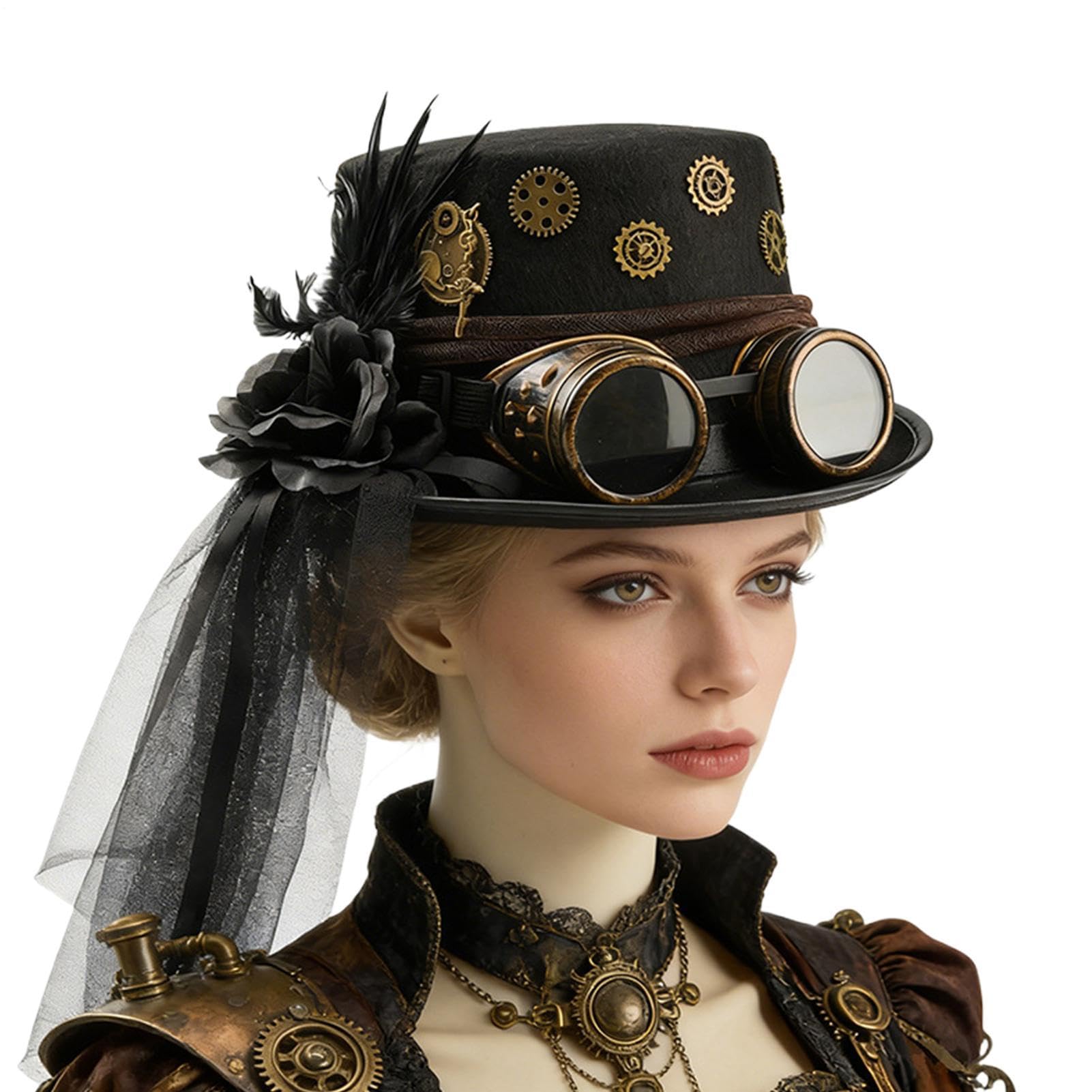 Ceweao Steampunk Hat Gothic Punk Costume Caps with Goggles