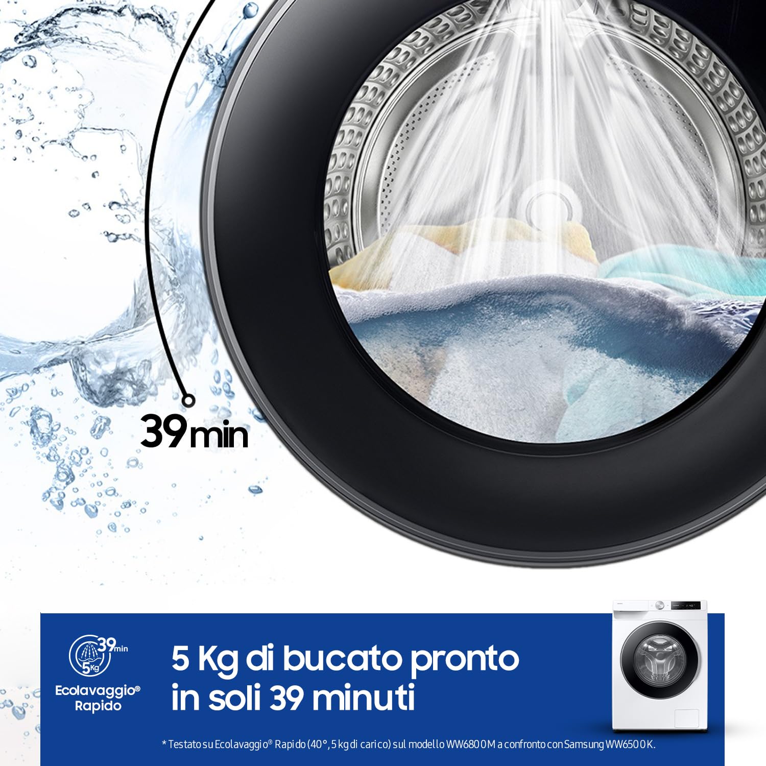 Samsung Lavatrice AI Control WW90DG6U25LE/U3 Libera installazione, 9 Kg, 1400 RPM, Wifi, Ecolavaggio Rapido 39', Vapore, Carica Frontale, 60l x 85h x 55p cm