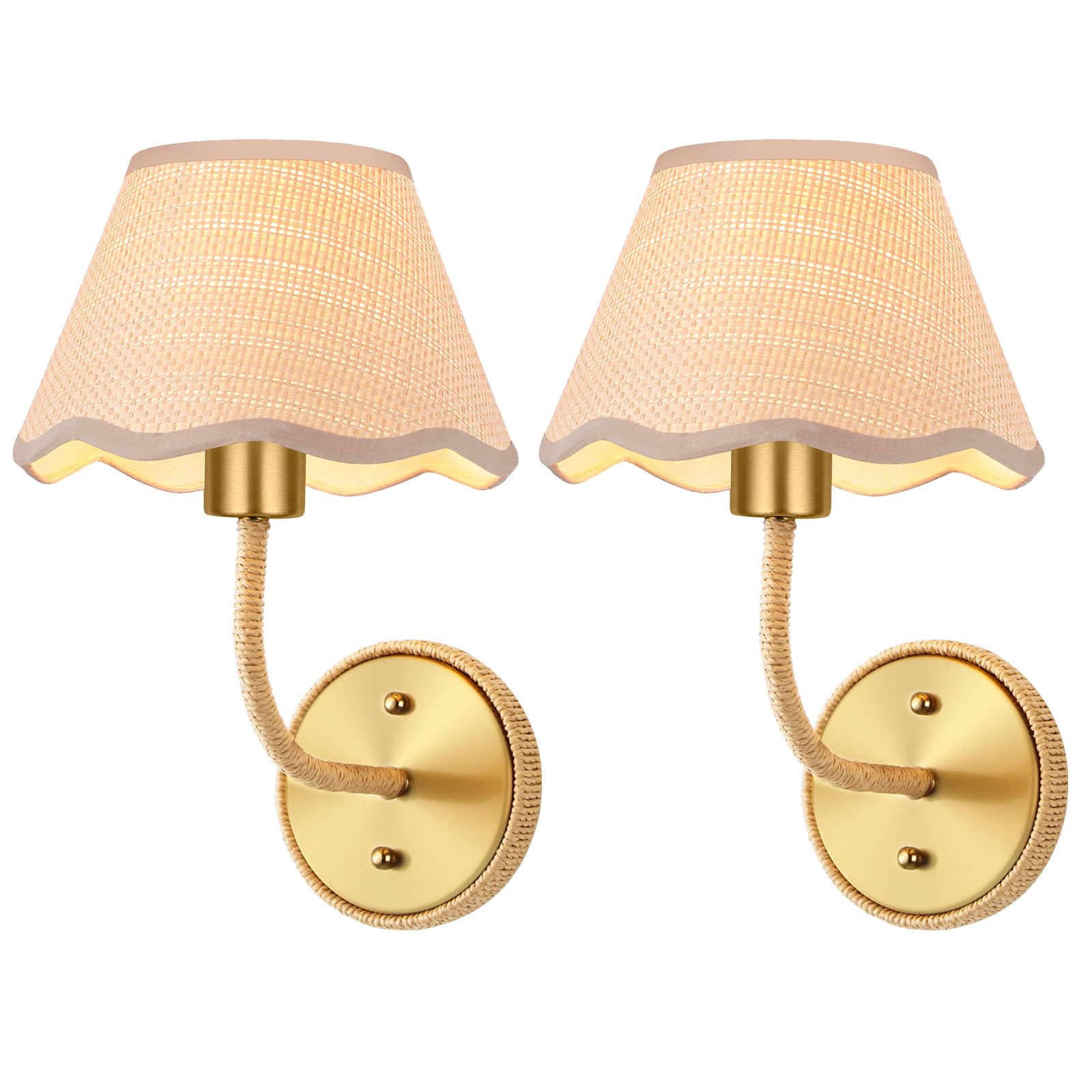 Boho Hand Woven Rattan Wall Sconces Set of Two Gold Rustic Wall Lamp with Grass-Woven Lampshade Hardwire Brass Farmhouse Wall Lights for Bedroom Living Room Hallway Vanity