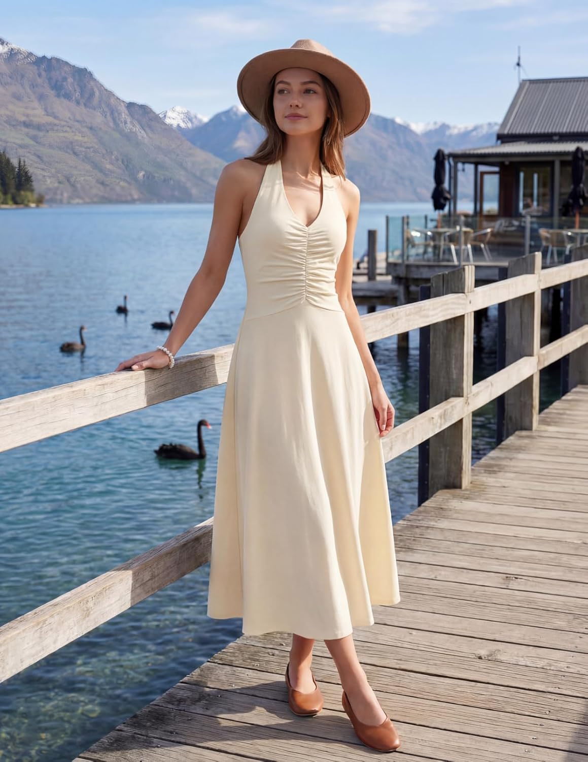 MEROKEETY Women's Formal Halter Maxi Dress 2026 Summer Backless Sleeveless V Neck Ruched Cocktail Wedding Guest Dresses - Image 5