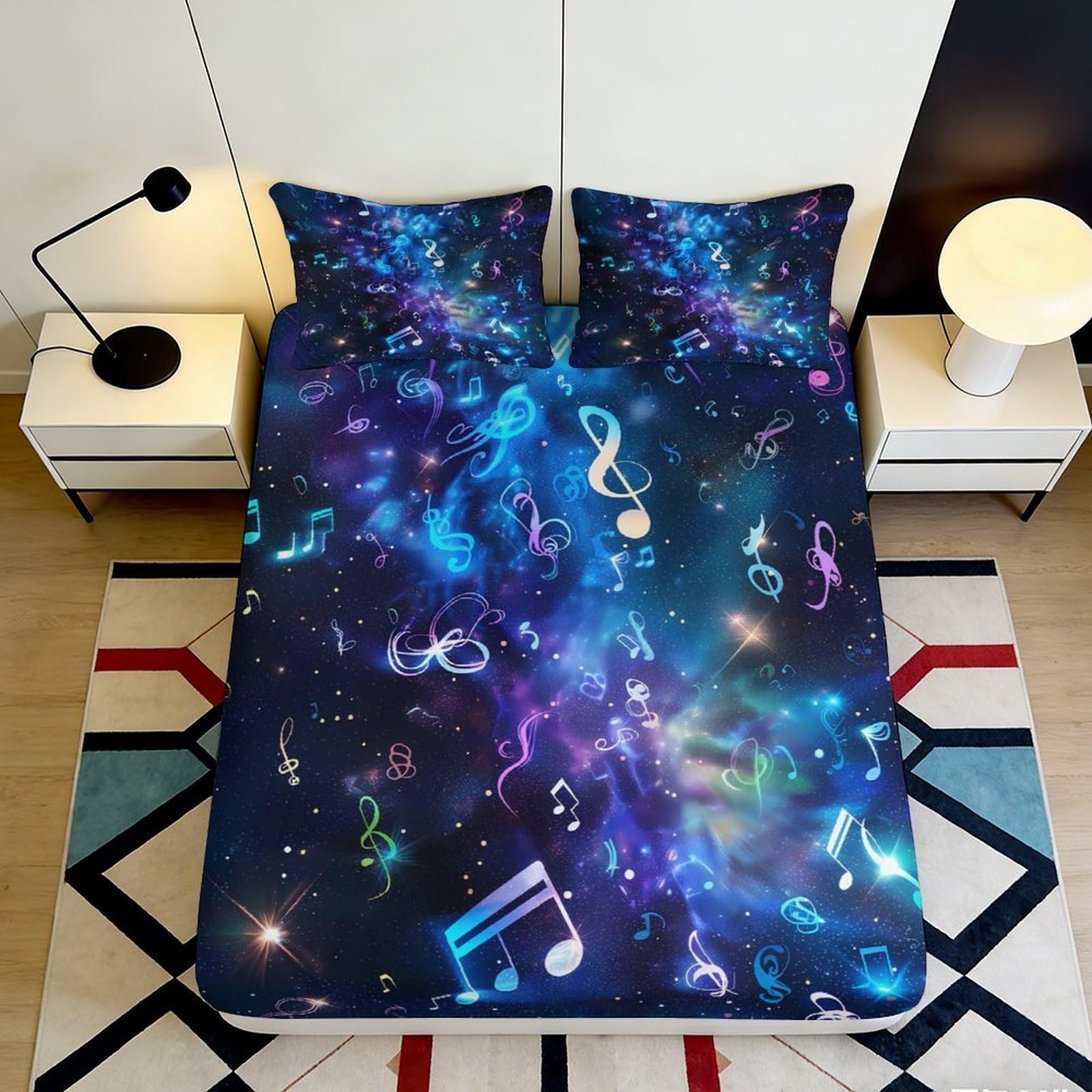 3D Printed Music Galaxy Fitted Sheet Microfiber Blue Nebula Mattress Cover for Bedroom Guestroom Decor Dustproof 90x200x25cm