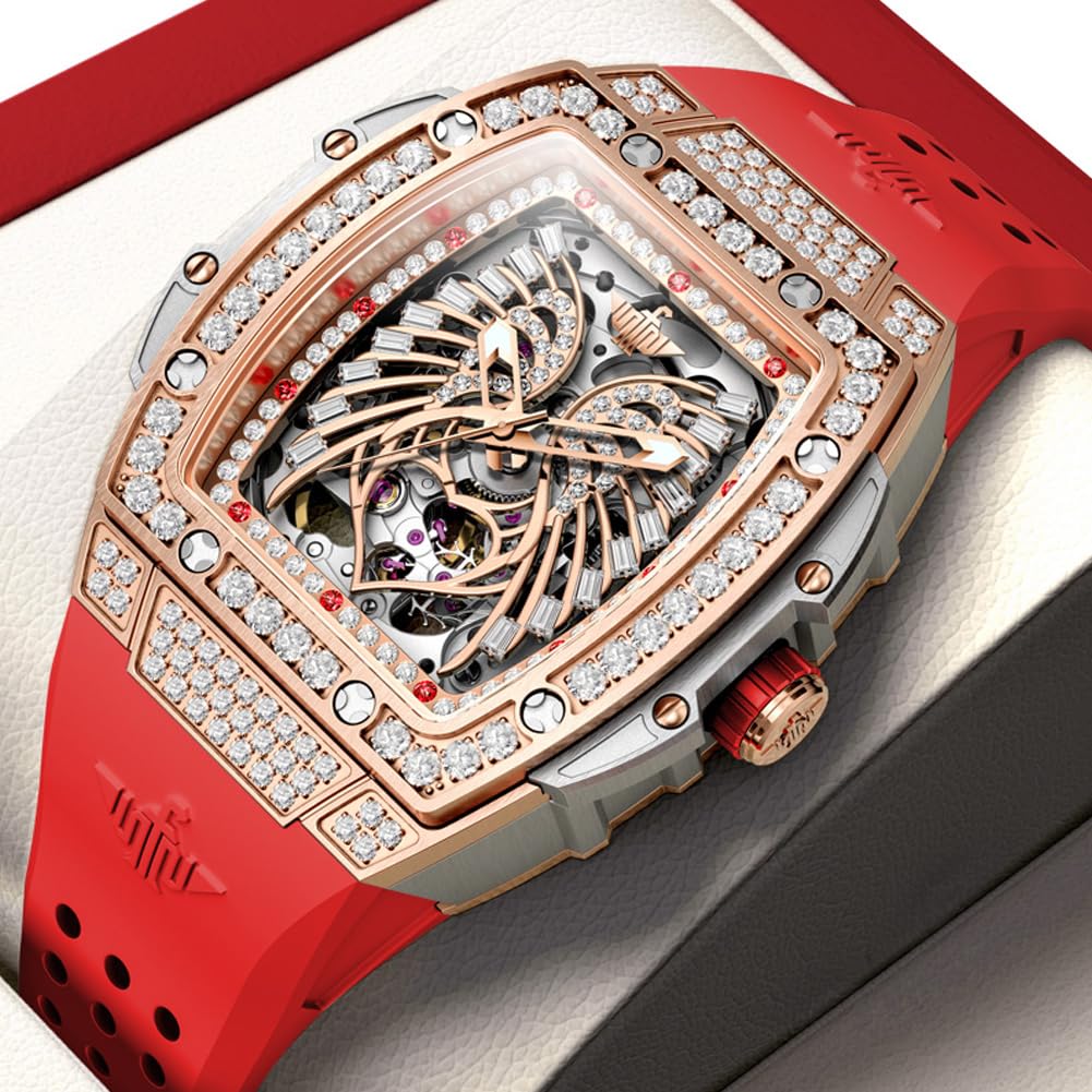OUPINKE Orologi automatici da donna alla moda scheletro cavo Squre orologi da donna diamanti oro rosa impermeabile luminoso meccanico orologio da donna rosso bianco cinturino in silicone morbido
