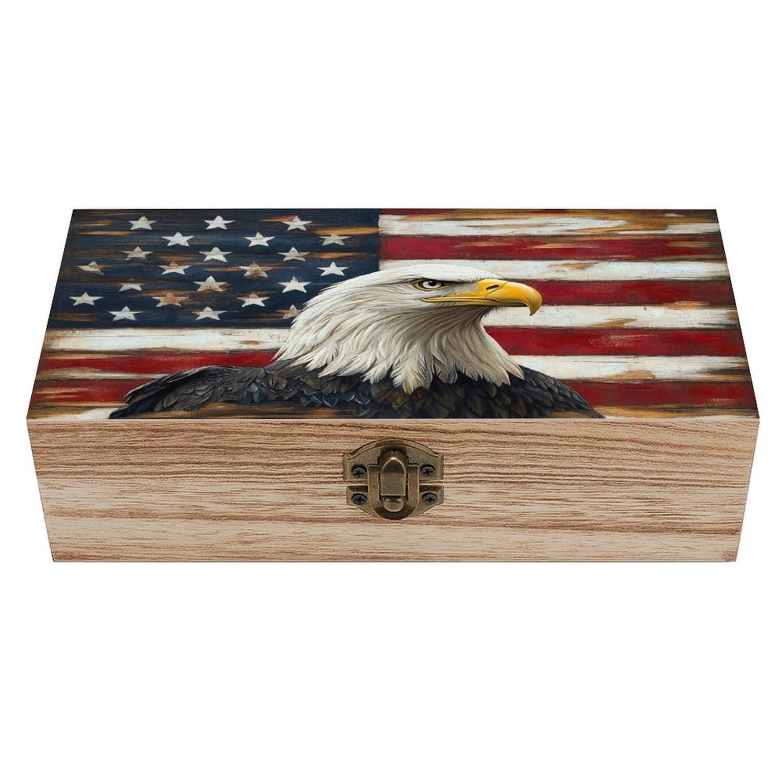 Ahdyr Bald Eagle with American Flag Wooden Wooden Storage Box with Hinged Lid And Front Clasp Large Keepsake Box