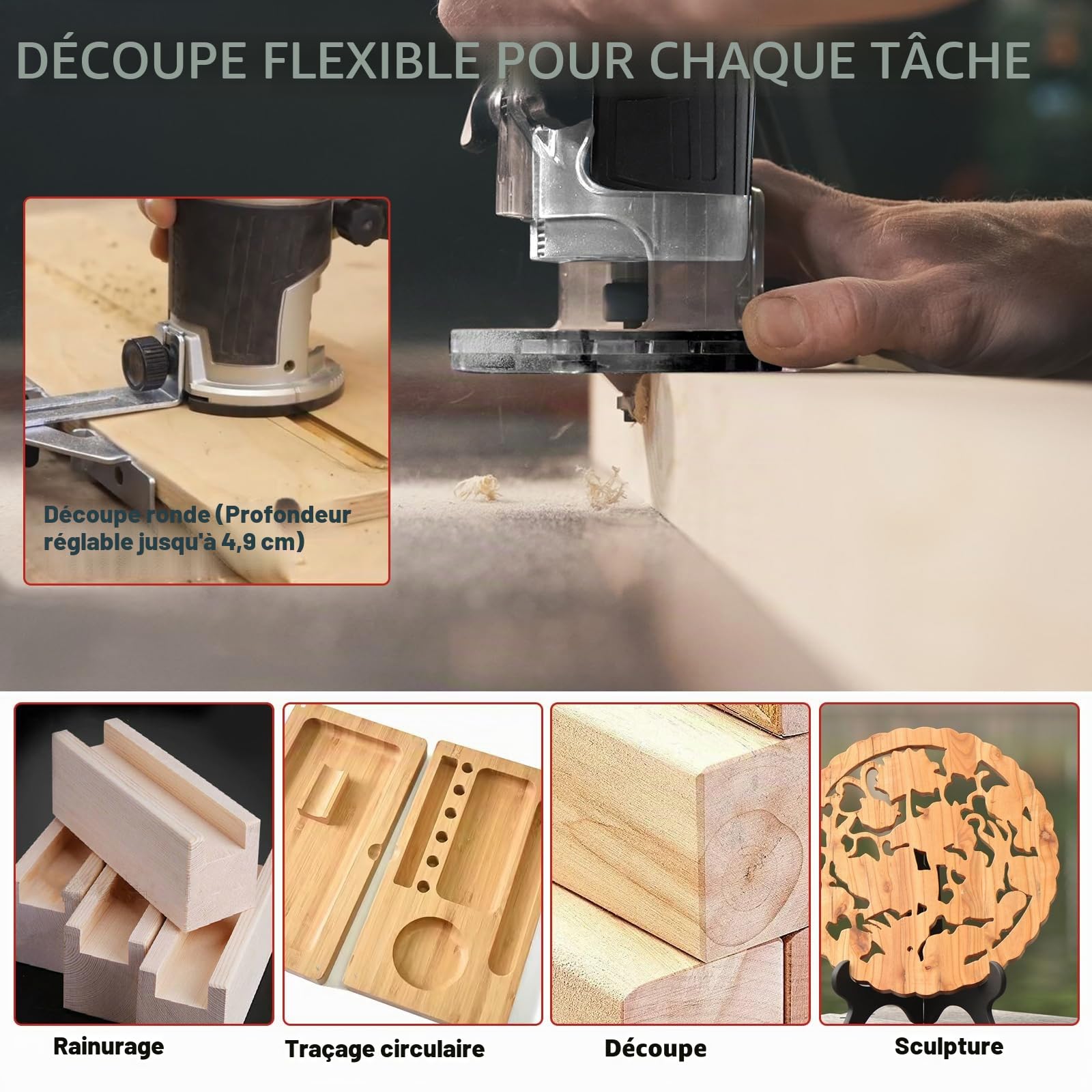 Défonceuse à bois sans fil pour batterie Milwaukee 18 V, défonceuse manuelle de 800 W pour le travail du bois, 6 vitesses 10 000 à 30 000 tr/min