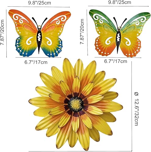 Miniatura 3 de Meduofon Decoración de pared de flores de metal y arte de pared de mariposa, 3 piezas de metal para decoración de pared al aire libre, esculturas de