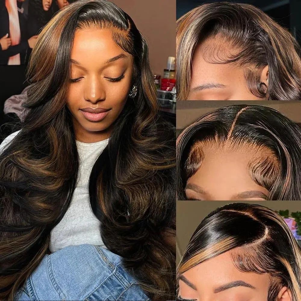 BMNH 13x6 Body Wave Highlight Lace Front Wig Human Hair FB/30 Ombre Lace Front Wig Human Hair Pre Plucked HD Lace Frontal Wigs 200% Density Colored