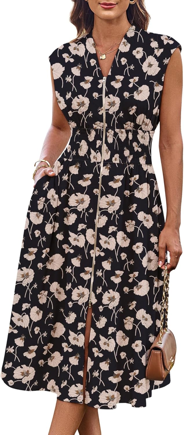 GRACE KARIN Womens Summer Casual Dress, Business Office Work Dresses, Cap Sleeve Zipper Front Flowy Midi Dress with Pockets