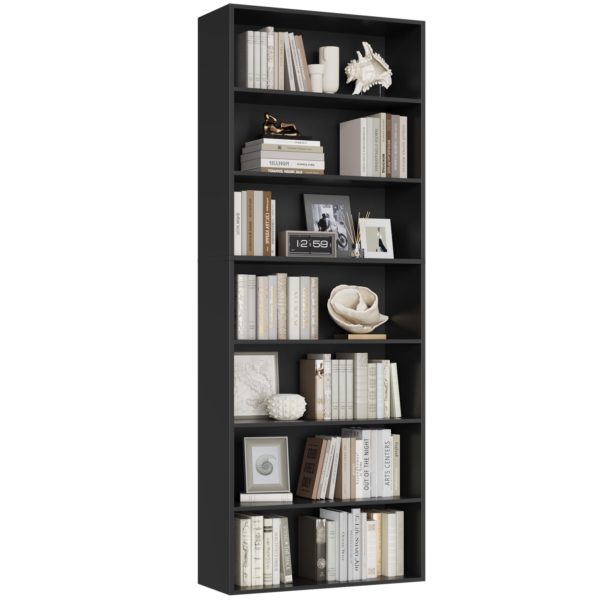 FirFurd 209.5cm Estanterías Almacenaje Madera, Librería con 7 Baldas, Estantería Libros, Libreria Estanteria, para Salón, Estudio, Habitación (Negro)