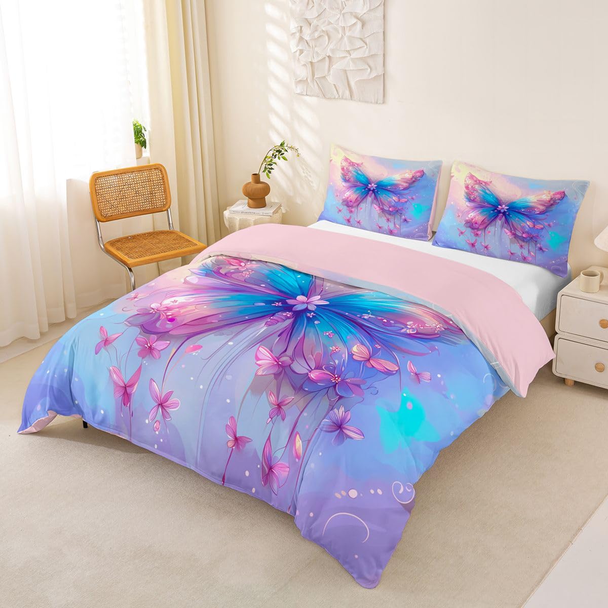 Homewish Ombre Zestawy Pościeli King Size Motyl Poszwa Na Kołdrę Różowy Niebieski Gradient Płatki Akwarela Kołdra Poszewka Kwiatowa Dziewczęca Marzycielski Zestaw