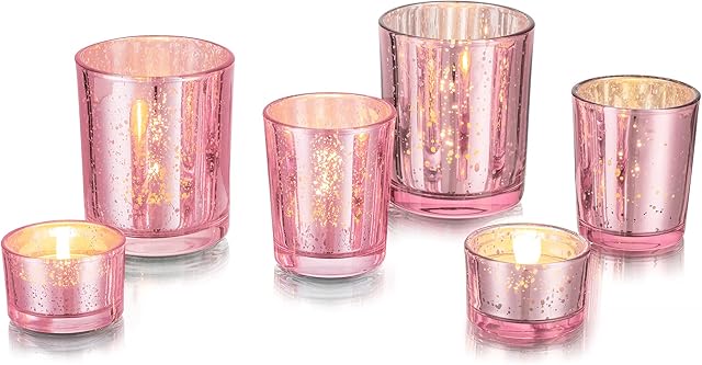 Glasseam Tealight Votive Glass Candle Holders, 6Pcs/2Sets Mercury Pink Tea Light Holders, Christmas Floating Candles & Holders for Dinning Table, Wedding Centrepiece Living Room Dinner Decorations