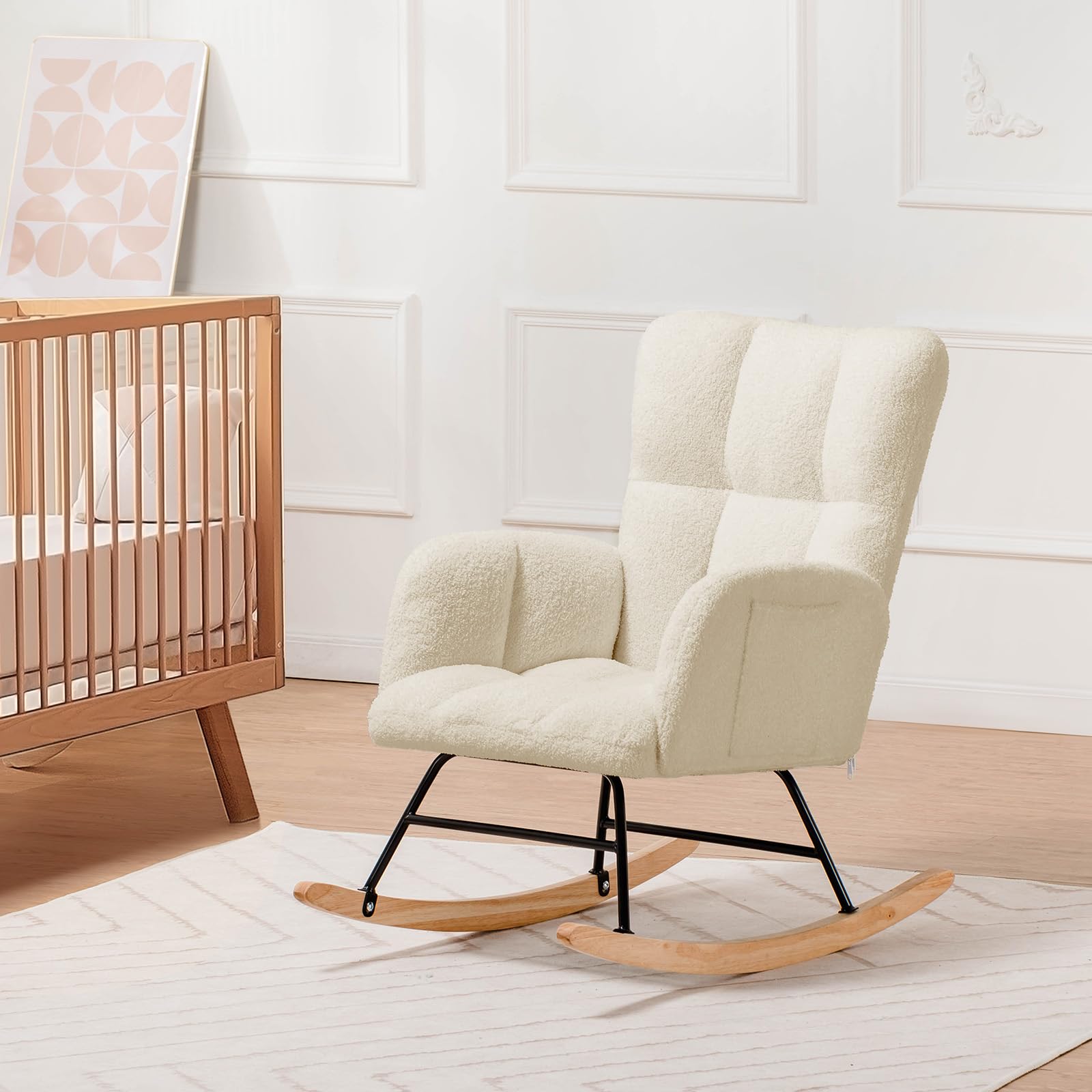 COMHOMA Fauteuil à Bascule, Fauteuil de Relaxation, avec accoudoirs, en Peluche Peluche, Charge maximale : 150 kg, Chaise Longue de Jardin pour Chambre, Beige avec Repose-Pieds