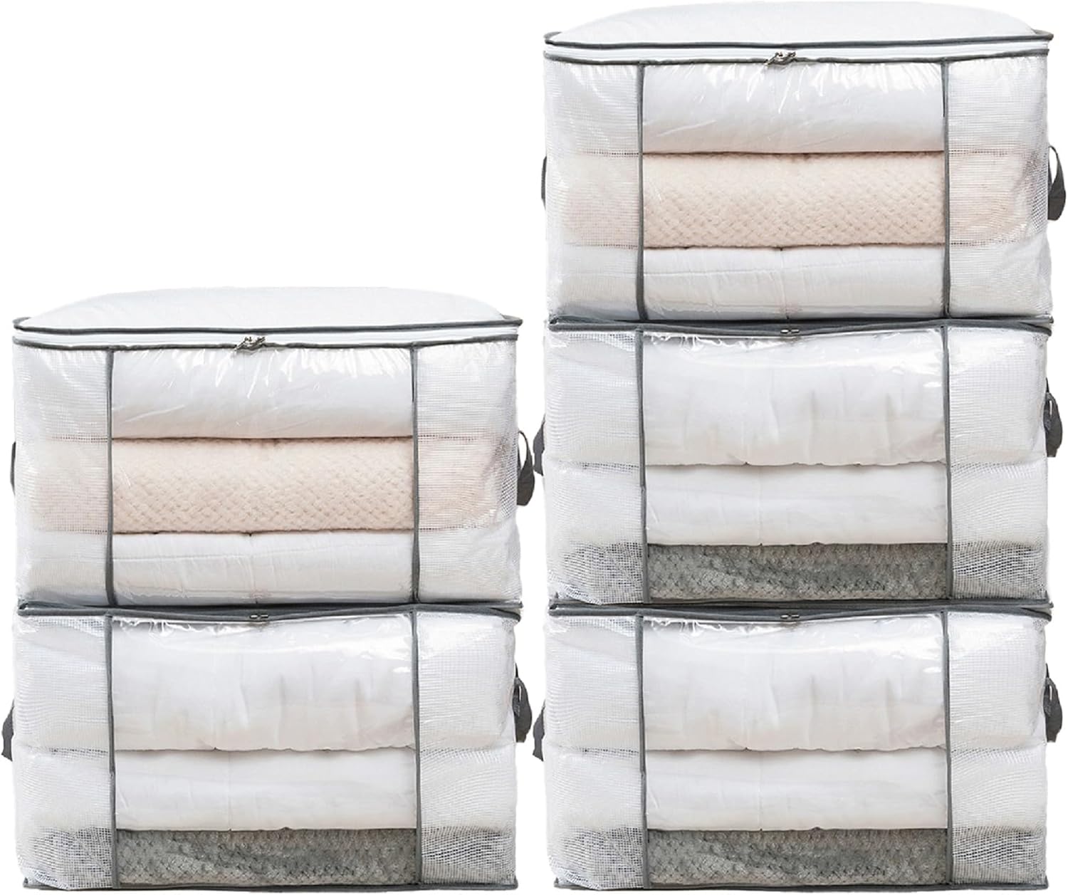 5 Pack 80L Large Beddings Storage Bag,Foldable Closet Organizer Storage Bin with Clear Window for Clothes, Blankets,Comforter,Pillows, Bed Sheets(Gray)
