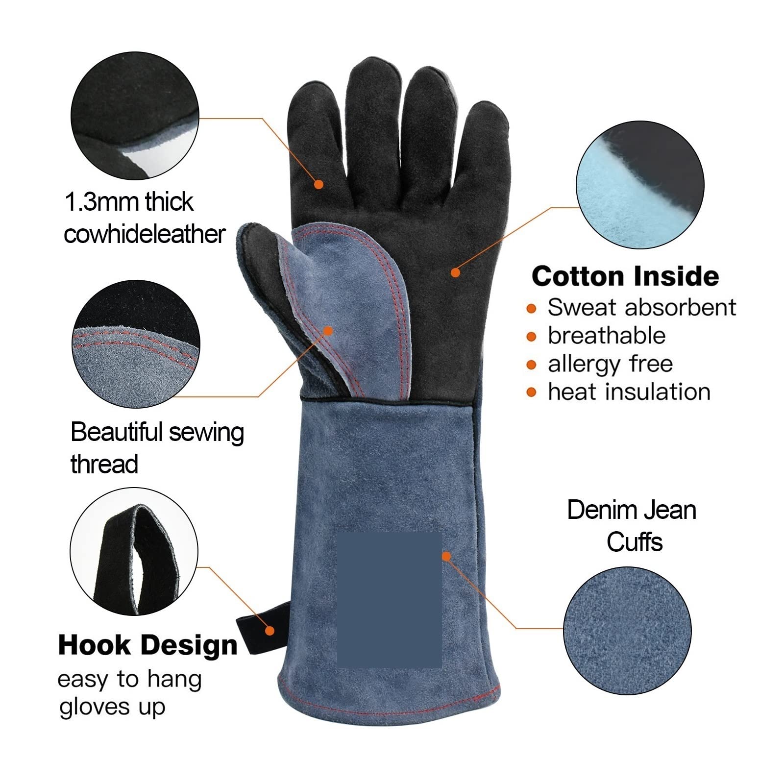 Guantes de soldadura for soldador Barbacoa Estufa cocina Calefacción punción Punchure Resistente Equipo protección cuero 1.3 mm espesor(2 Pairs)