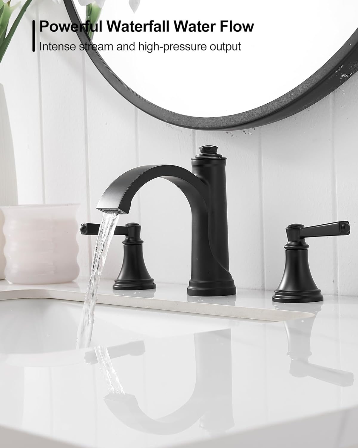 Matte Black Bathroom Faucet 3 Hole, Brass Bathroom Waterfall Faucet, 4-16 Inch Bathroom Sink Faucets, 2 Handle Widespread Faucet for Bathroom Sink with Water Supply Hoses, Pop-Up Drain